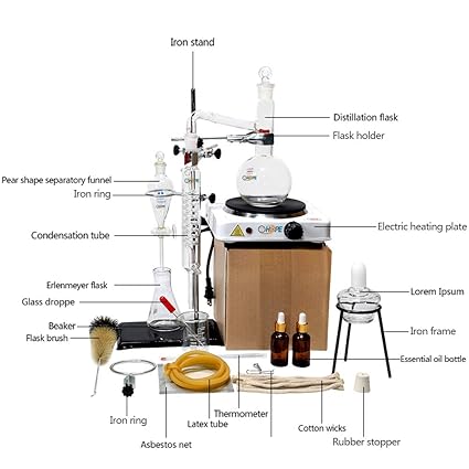 500ML(0.13Gal) Lab Essential Oil Extraction Distillation Apparatus Water Distiller Purifier Chemistry Lab Glassware Kits Hydrosol, Alcohol Distiller,Teaching Equipment(with Hot Stove)
