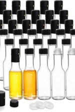Cedilis 36 Pack Small Glass Bottle, 3oz/100ml Glass Woozy Bottle, Empty Mini Hot Sauce Bottles, Clear Liquor Wine Bottles with Shrink Capsule, Black Screw Caps, Dripper Insert